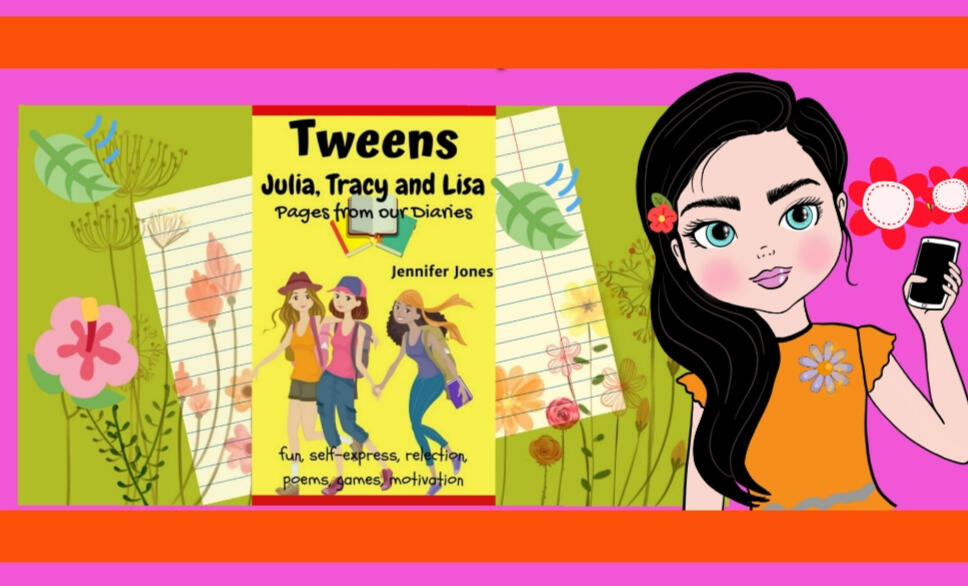 Ebook. Image of three teen girls dressed casually with backpacks and diary. Title, Tweens-Julia, Tracy and Lisa Pages from our Diaries. It has motivational quotes, anger control tips, self-esteem, poems for positive thinking for everyday motivation.